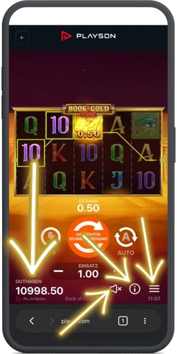 Bedienfeld mit Turbo, Info und Menü in Book of Gold Classic